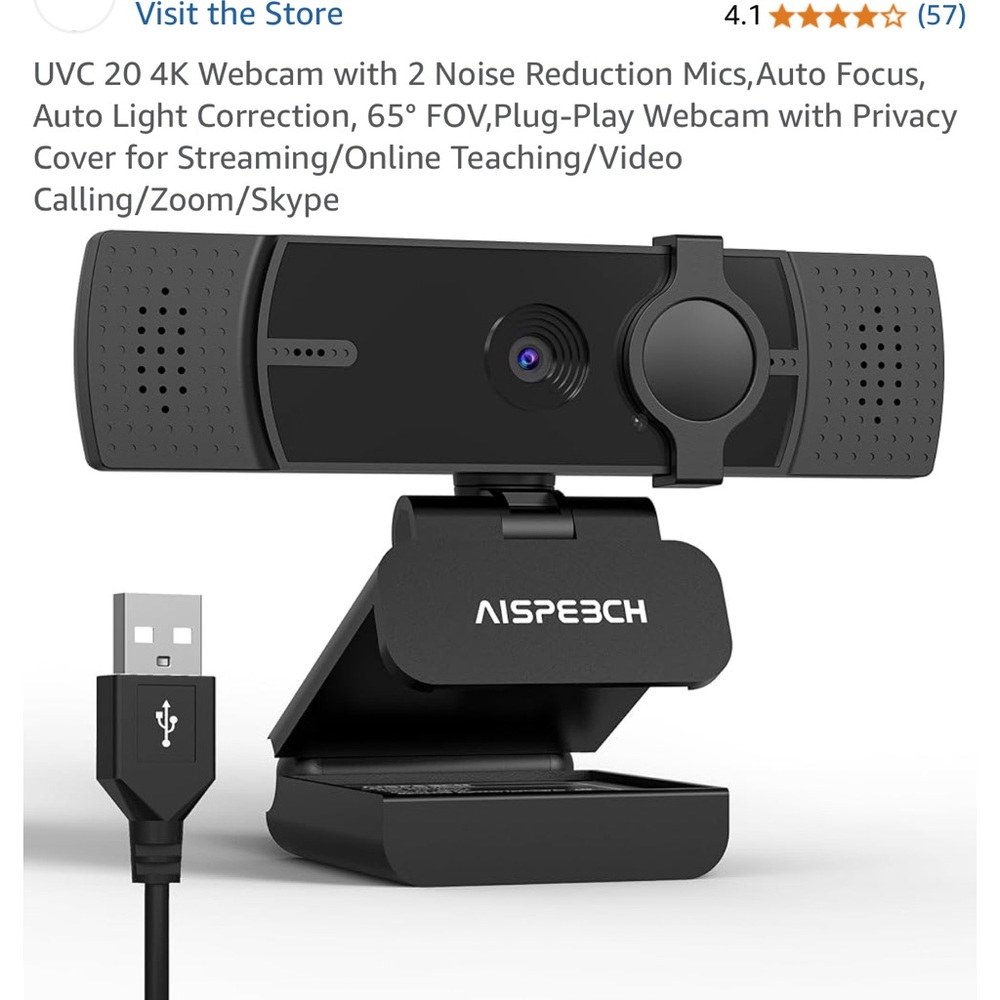Black 4K Webcam with Noise Reduction Mics